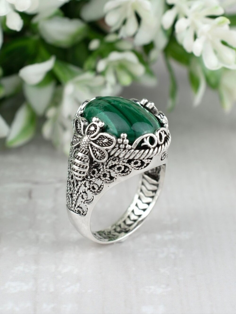 NEW Sterling Silver Malachite Bee Filigree Ring